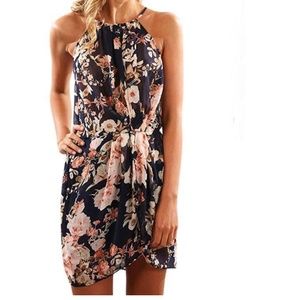 Celestedress Halter Sleeveless Mini Dress, L, NWT, Navy Floral Print